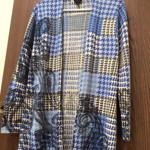 NEW Talbots cardigan open front blue grey houndstooth 100% merino wool, sz XS